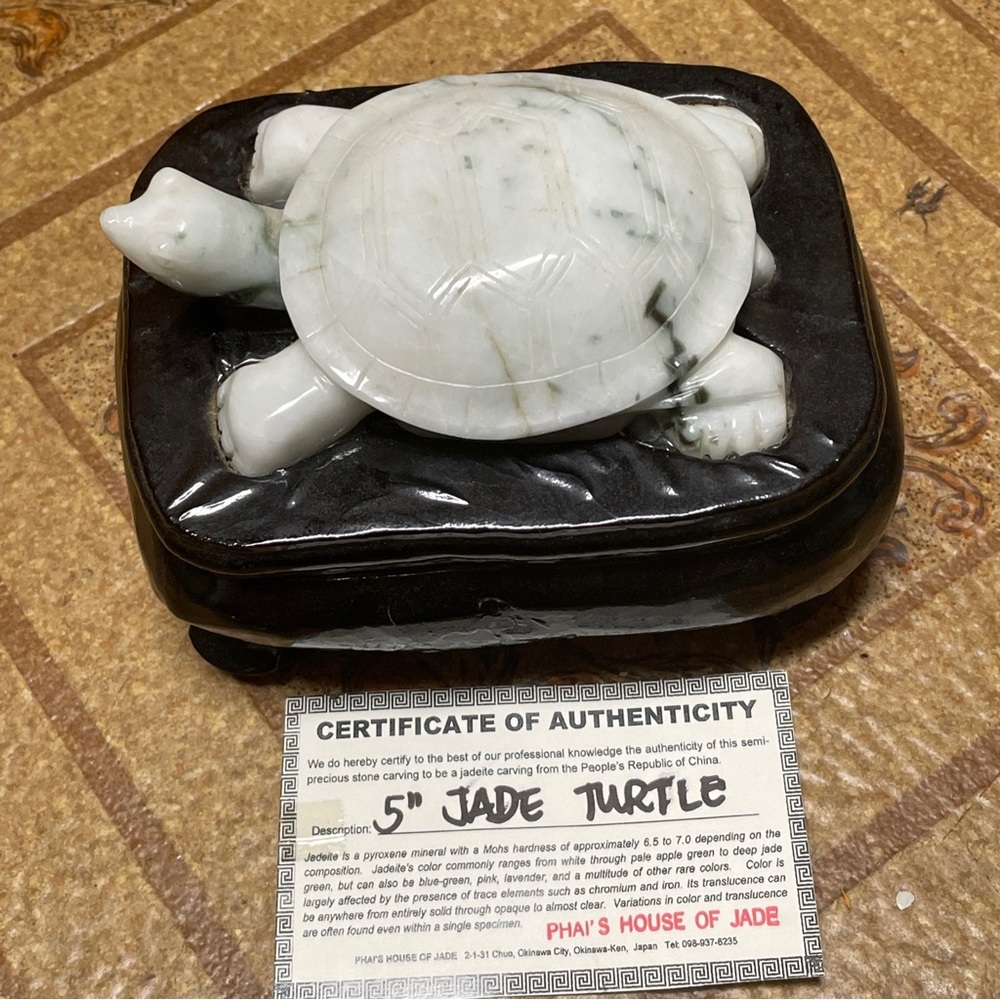 Chinese Carved Jadeite  Turtle  With Wood/ceramic Base